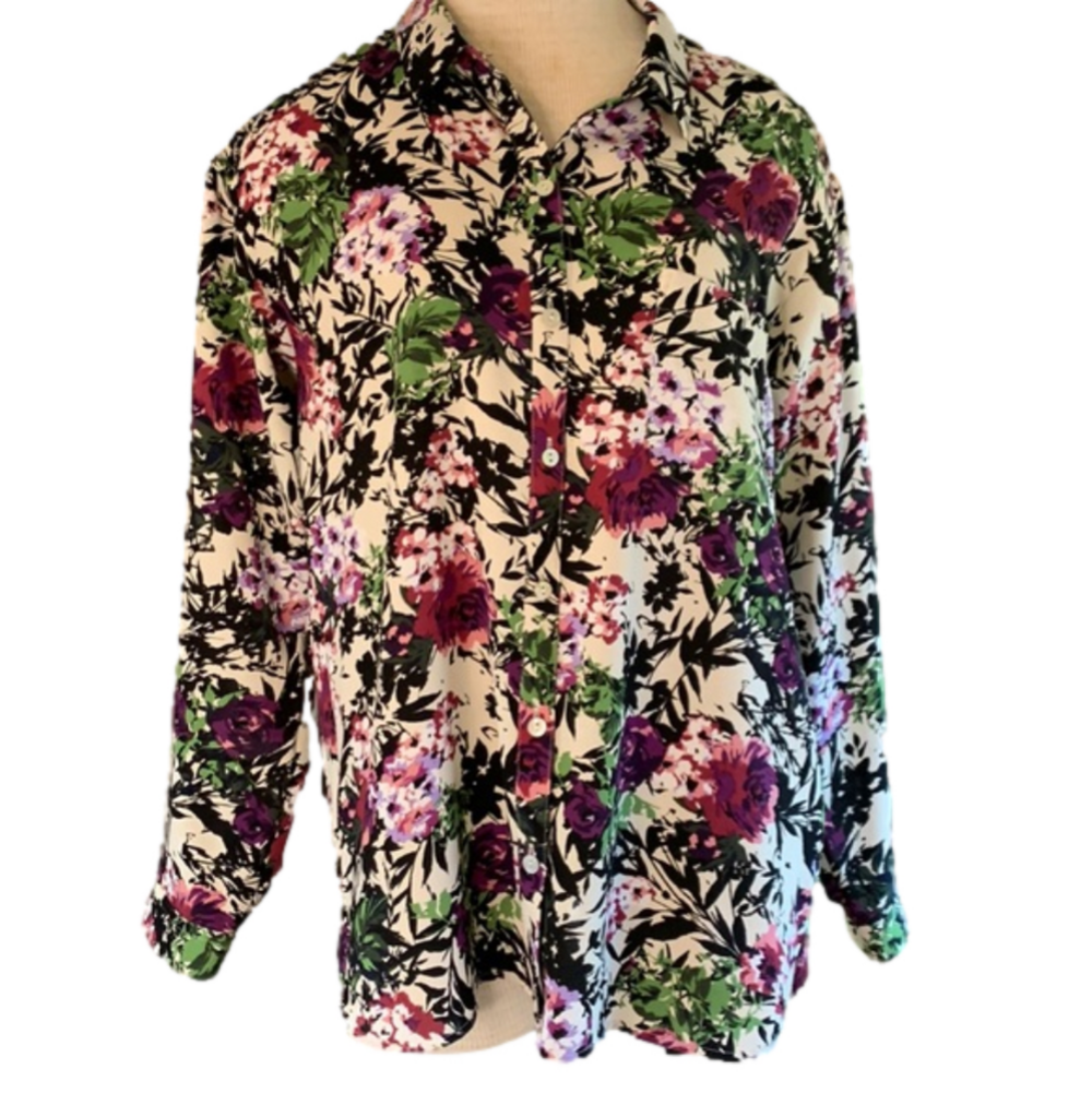 J Jill m floral button down shirt with pocket